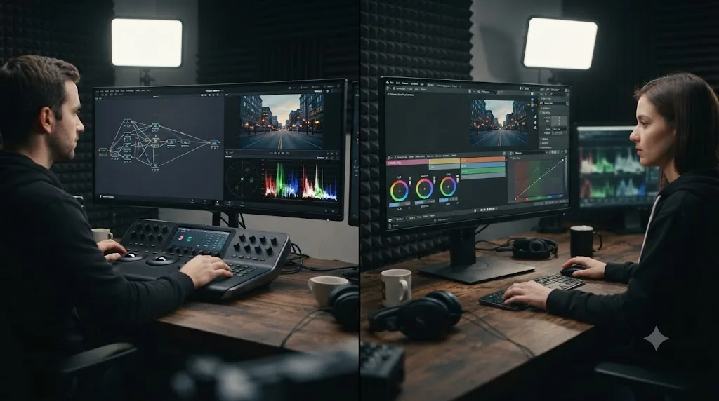 Illustration comparing DaVinci Resolve's node-based color page to Blender's basic color strip tools in the Video Sequence Editor