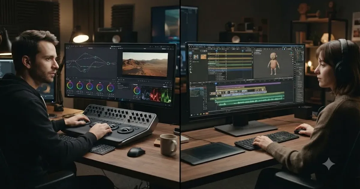 Illustration of two editing timelines side by side, one representing DaVinci Resolve's node-based color page and one representing Blender's Video Sequence Editor