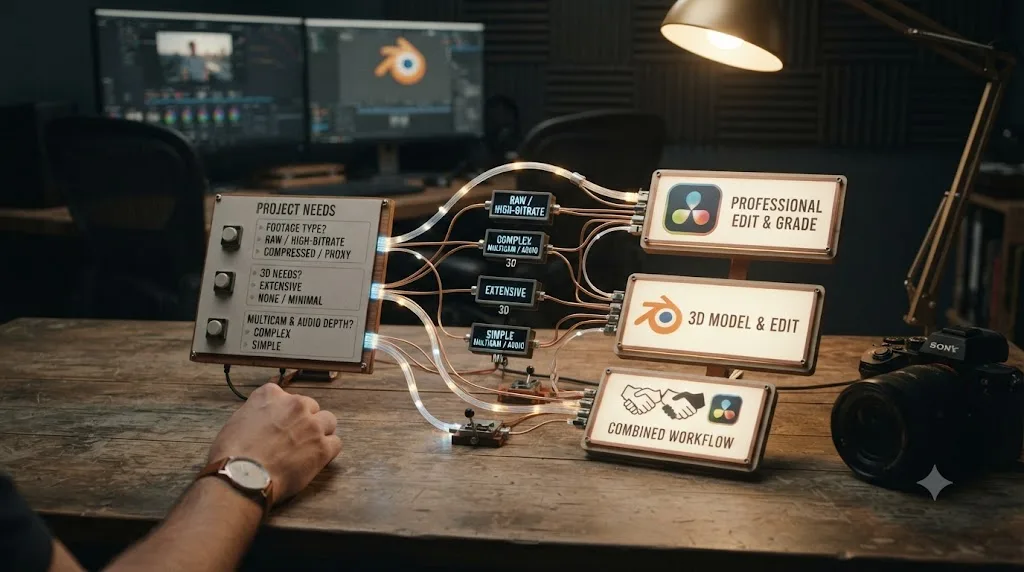 Illustration of a decision flowchart branching toward DaVinci Resolve, Blender, or a combined workflow based on specific project needs