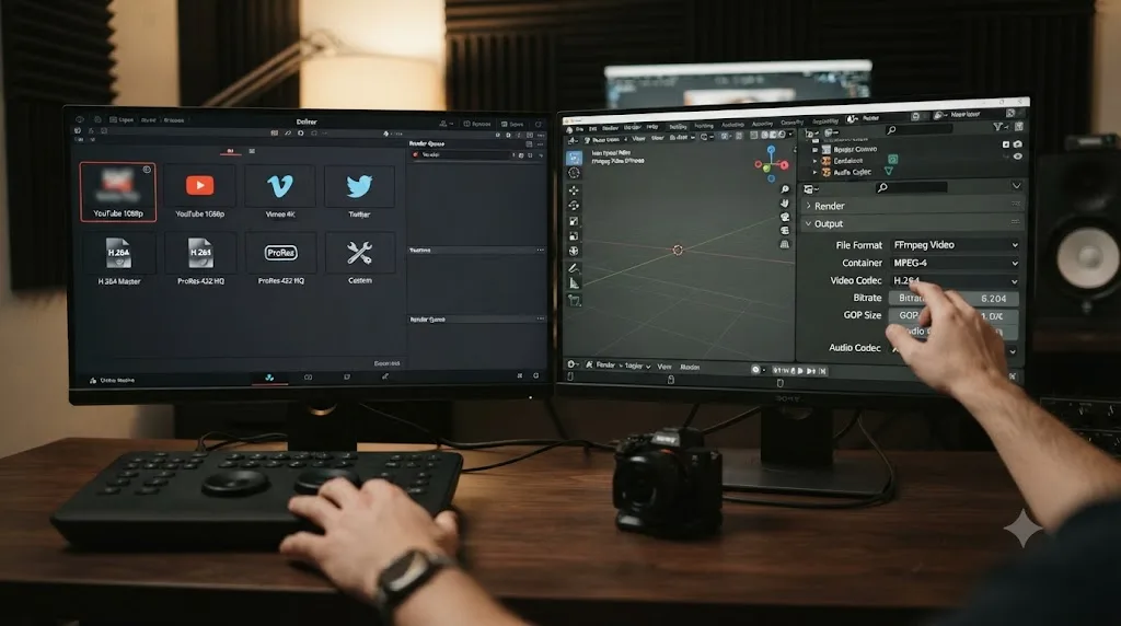 Illustration comparing DaVinci Resolve's preset-driven Deliver page to Blender's manual FFmpeg-based render export settings