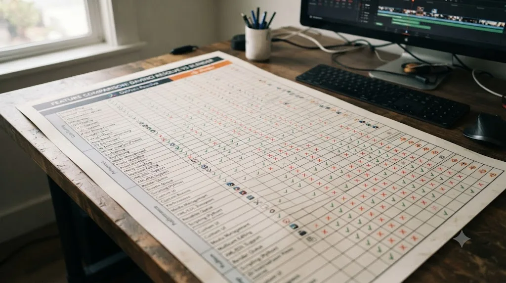 Illustration of a full side-by-side comparison table between DaVinci Resolve and Blender across every major video editing feature