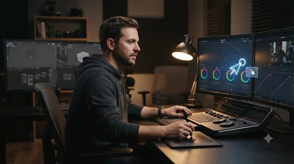 Illustration of a person switching from Blender's interface to DaVinci Resolve with an assistant pointing at a control on screen