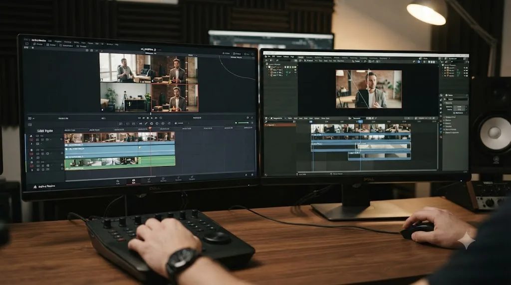 Illustration comparing DaVinci Resolve's native multicam sync and live cutting to Blender's manual strip-by-strip camera switching