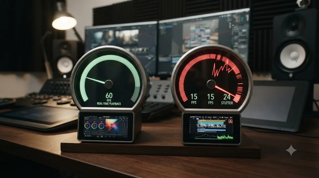 Illustration of two speedometers comparing DaVinci Resolve's real-time graded playback to Blender's VSE timeline performance under a heavier effects stack