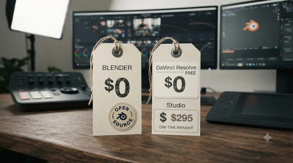 Illustration of two price tags comparing Blender's fully free model against DaVinci Resolve's free-plus-one-time-purchase model