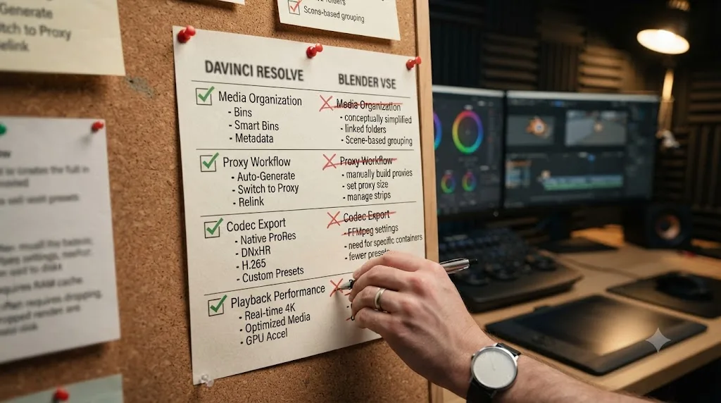 Illustration of a checklist comparing built-in DaVinci Resolve editing workflows to manual workarounds needed in Blender's VSE