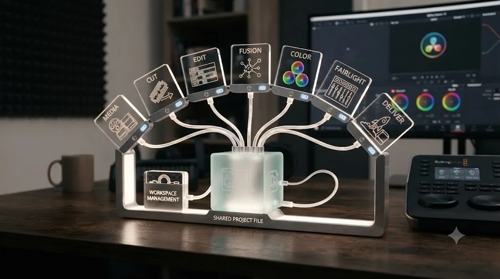 Illustration of DaVinci Resolve's page-based structure showing Edit, Color, Fusion, Fairlight, and Deliver connected to one shared project