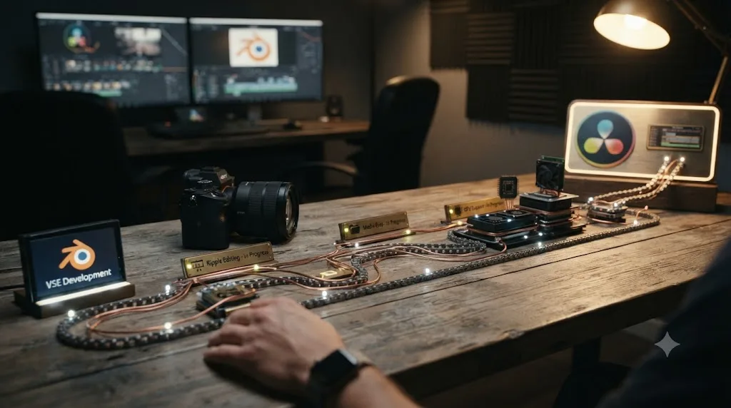 Illustration of a roadmap timeline showing Blender's VSE development progress toward closing the gap with DaVinci Resolve