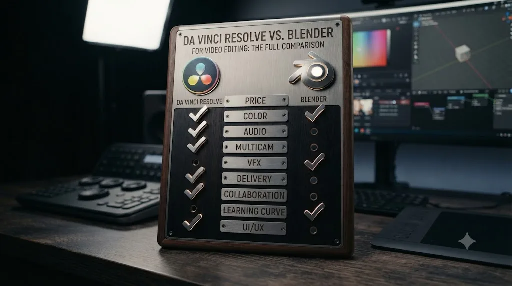 Illustration of a scoreboard comparing DaVinci Resolve and Blender across nine video editing categories