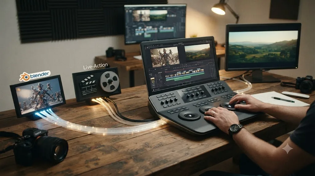 Illustration of a production pipeline with Blender-rendered 3D shots flowing into a DaVinci Resolve timeline for editing and color grading
