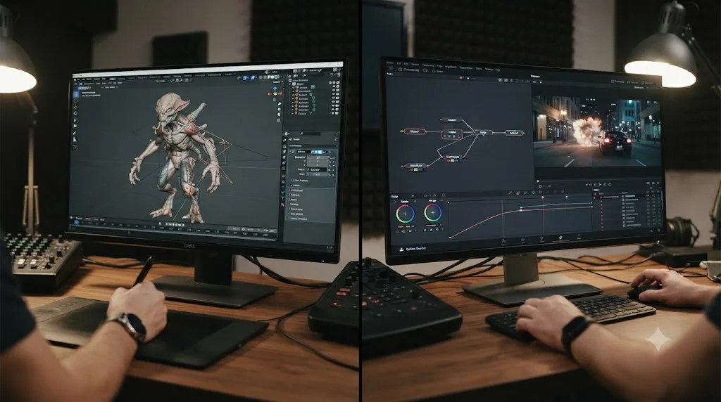 Illustration comparing Blender's full 3D modeling and animation tools to DaVinci Resolve's Fusion compositing page