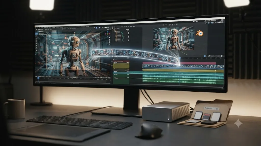 Illustration of Blender's Video Sequence Editor built around assembling rendered 3D animation strips rather than raw camera footage