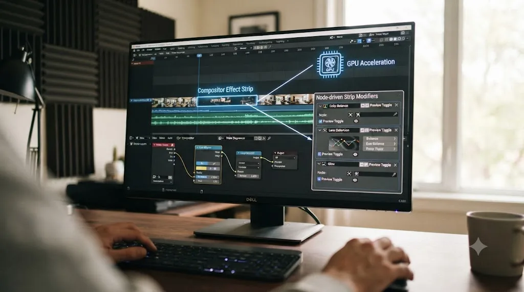 Illustration of Blender 5.2 LTS's new Sequencer finishing features: the Compositor effect strip, node-driven Strip Modifiers, and GPU acceleration