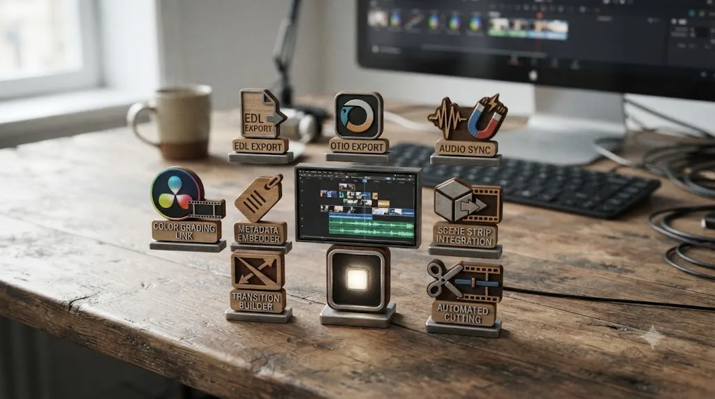 Illustration of a grid of third-party add-on icons for Blender's Sequencer, covering EDL export, OpenTimelineIO export, audio sync, and automated editing