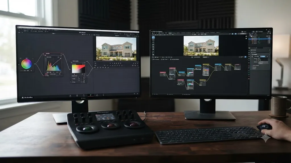 Illustration comparing DaVinci Resolve's purpose-built color grading nodes to Blender's general-purpose Strip Modifier node groups
