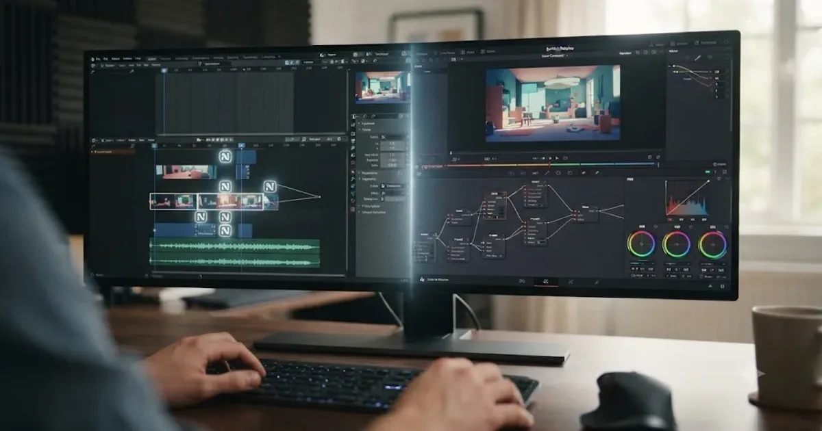 Illustration of a Blender Video Sequencer timeline with node-based strip modifiers next to a DaVinci Resolve color page, representing a workflow decision between the two