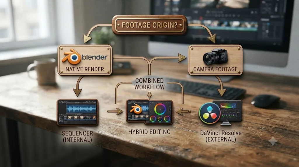 Illustration of a decision flowchart branching toward Blender's Sequencer, DaVinci Resolve, or a combined workflow based on footage origin