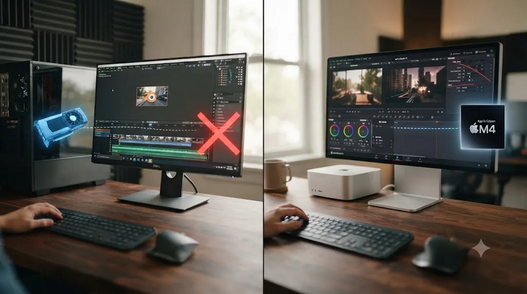 Illustration of two workstations showing hardware requirements gating access to Blender 5.2 LTS and DaVinci Resolve 21
