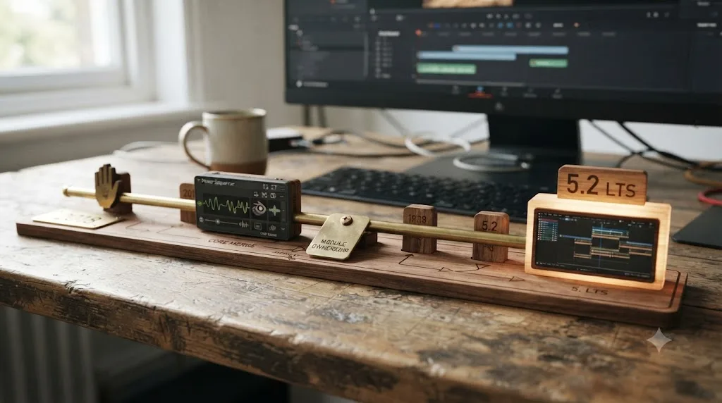 Illustration of a timeline showing Blender Video Sequencer development milestones from 2018 through the 5.2 LTS release