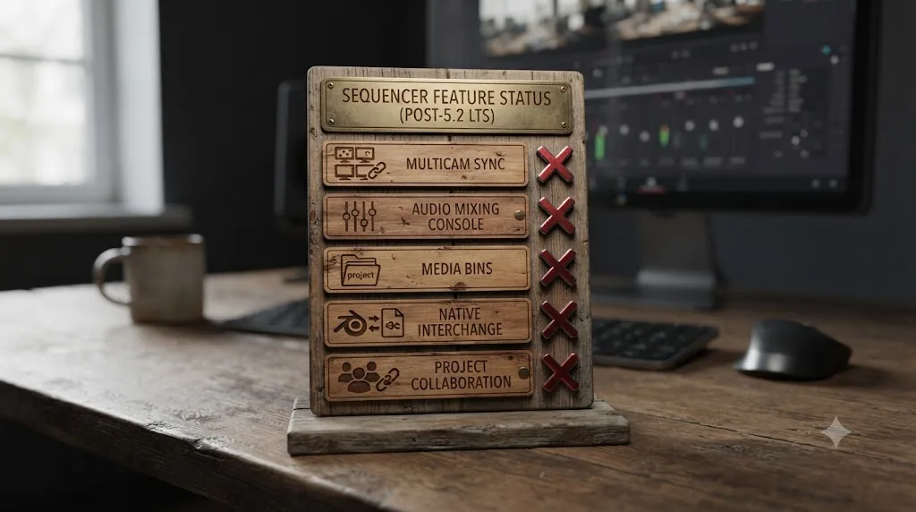 Illustration of a checklist showing features still missing from Blender's Video Sequencer after the 5.2 LTS update
