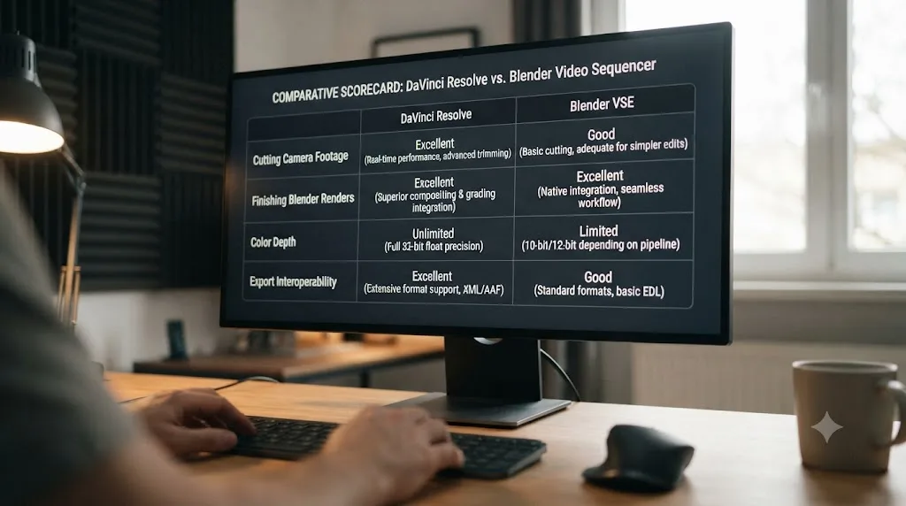 Illustration of a scoreboard comparing DaVinci Resolve and Blender's Video Sequencer across finishing and interoperability categories