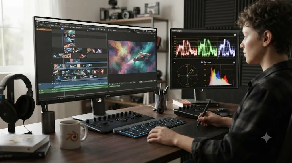 Illustration of an artist color grading a short film inside Blender's Video Sequencer using rebuilt HDR scopes
