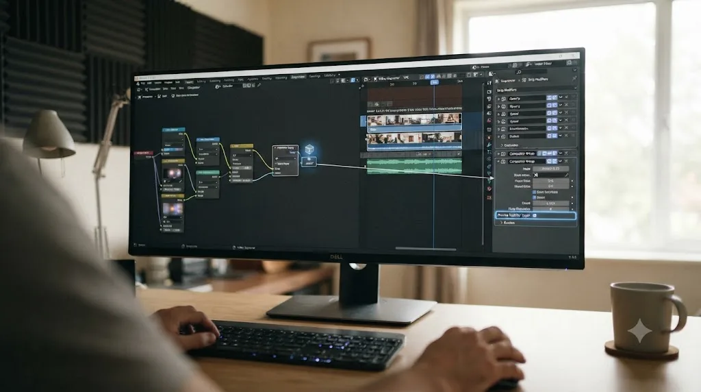 Illustration of the workflow for building a Blender Sequencer Strip Modifier from a compositor node group and adding it to a strip