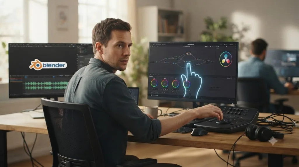 Illustration of a person switching from Blender's Sequencer to DaVinci Resolve's Color page with an assistant pointing at a control on screen