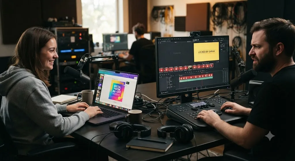 Illustration comparing Canva's real-time multiplayer editing to DaVinci Resolve's first-come lock model for team collaboration