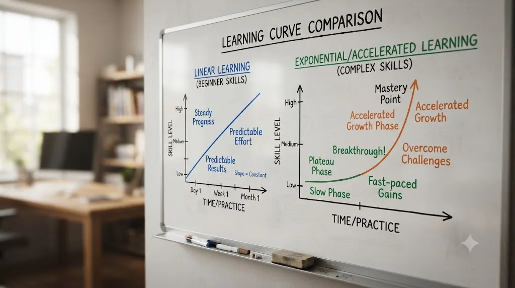Illustration of a learning curve graph comparing Canva's flat curve against DaVinci Resolve's steep-then-flattening curve