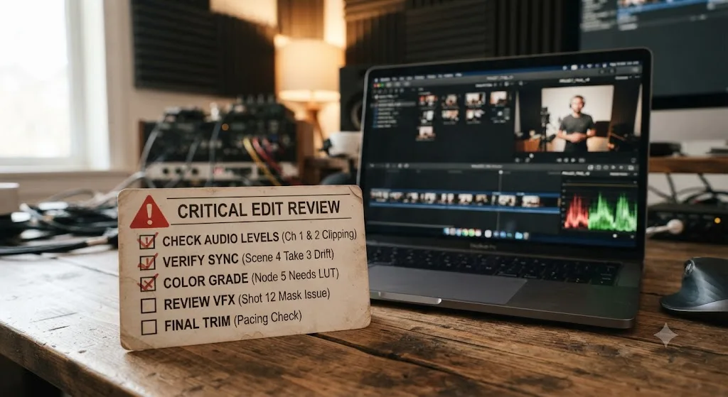 Illustration of a checklist card listing common mistakes beginners make choosing between Canva and DaVinci Resolve