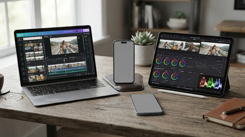 Illustration comparing Canva's phone video editor to DaVinci Resolve's iPad-only app, with no DaVinci Resolve icon on a phone