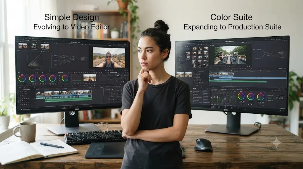 Illustration comparing Canva's evolution from a design tool into a video editor against DaVinci Resolve's evolution from color software into a full production suite