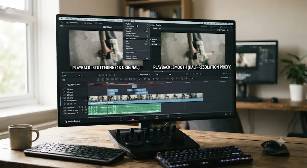 Illustration of DaVinci Resolve's Proxy Resolution setting fixing a stuttering timeline on lower-end hardware