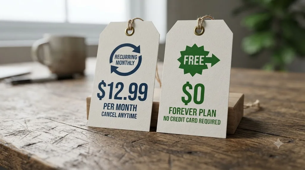 Illustration of two price tags comparing Canva Pro's monthly subscription against DaVinci Resolve's free edition