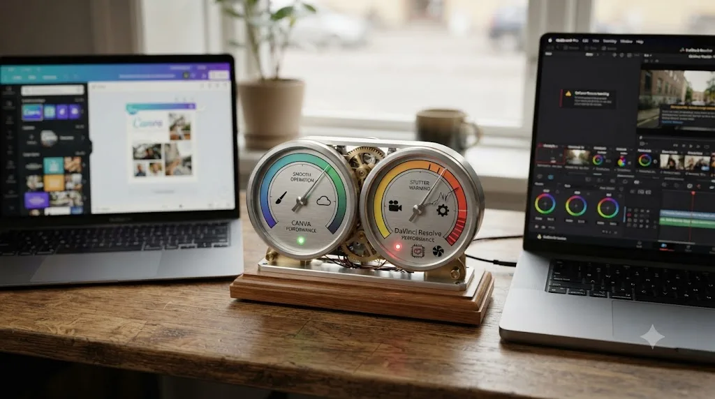 Illustration of a performance gauge comparing Canva's browser-based demands against DaVinci Resolve's hardware requirements