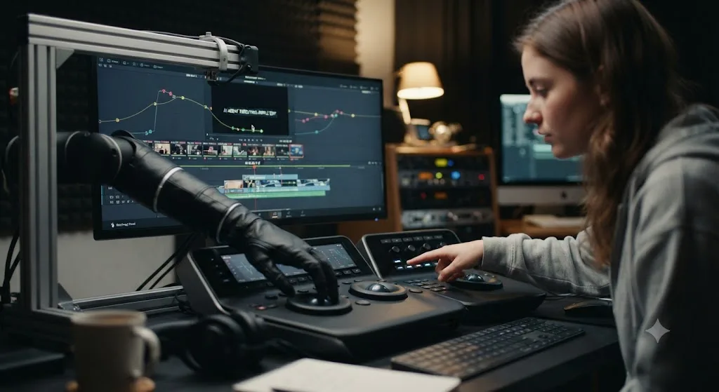 Illustration contrasting an AI agent executing a DaVinci Resolve edit with an assistant pointing at a control, for someone switching from Canva