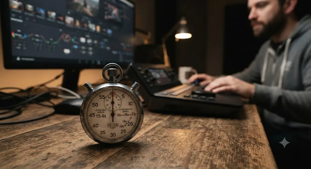 Illustration of a stopwatch comparing a fast Canva edit against a DaVinci Resolve edit that gets faster with repetition