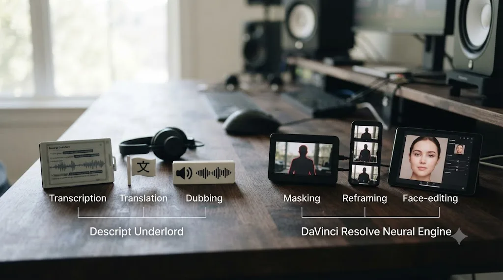 Illustration comparing Descript's Underlord AI features to DaVinci Resolve's Neural Engine AI features