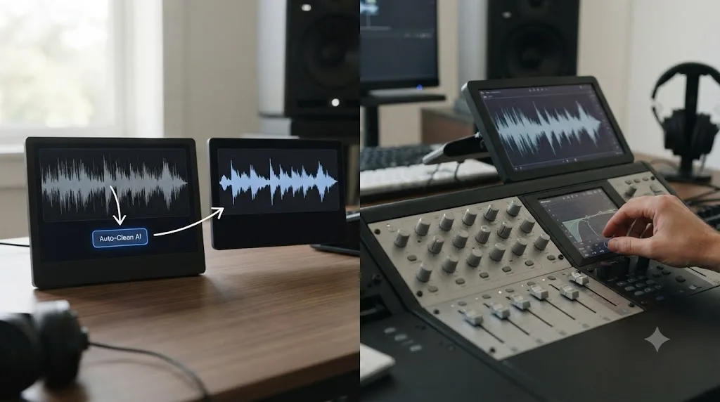 Illustration of a noisy audio waveform being fixed automatically by an AI tool on one side and manually with EQ and compression on a Fairlight channel strip on the other