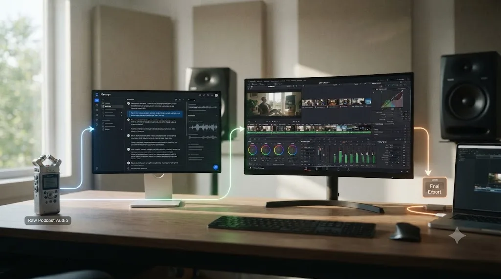 Illustration of a workflow diagram showing raw podcast audio moving from Descript's transcript-based rough cut into DaVinci Resolve for color grading and final export
