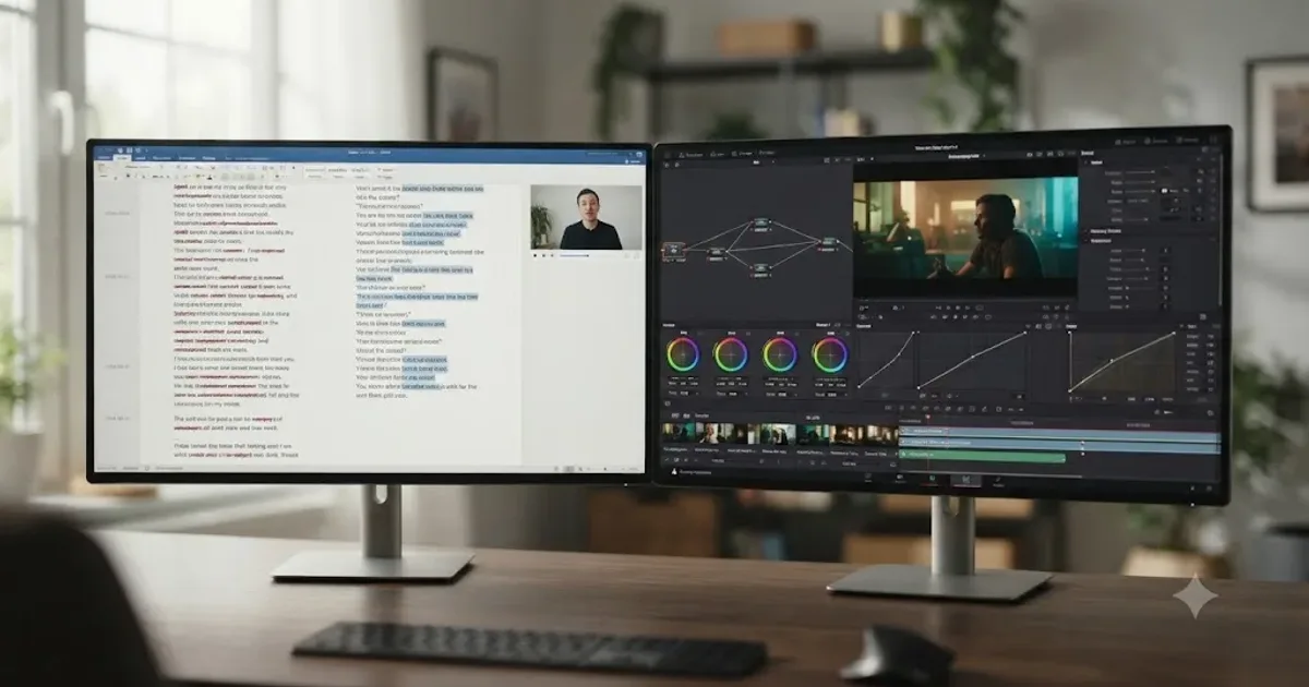 Illustration of two editing screens side by side, one showing a node-based color timeline and one showing a text transcript being edited