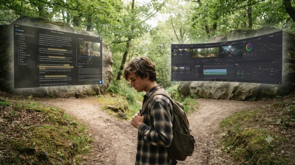 Illustration of a beginner standing at a fork in the road between a Descript transcript editor and DaVinci Resolve's five-page interface