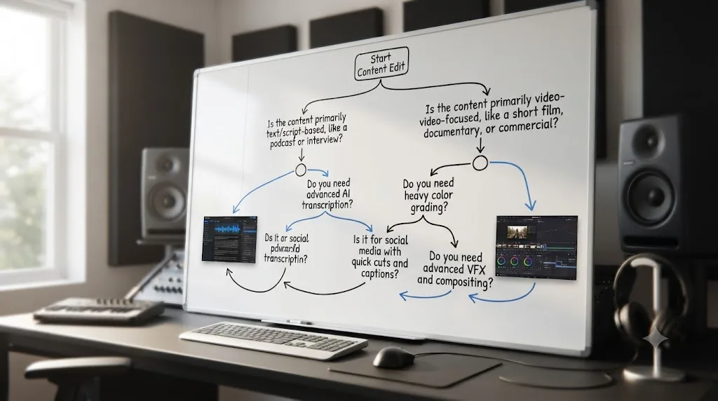 Illustration of a branching decision tree diagram leading toward either a Descript icon or a DaVinci Resolve icon based on content type