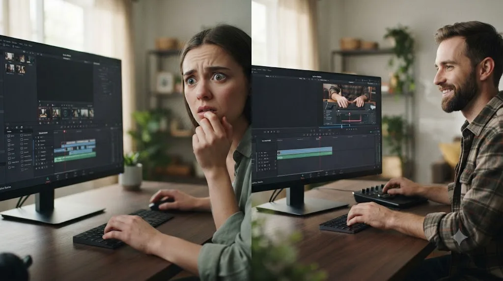 Illustration of a nervous first-time editor facing five unfamiliar tabs, contrasted with a confident creator following a free tutorial series