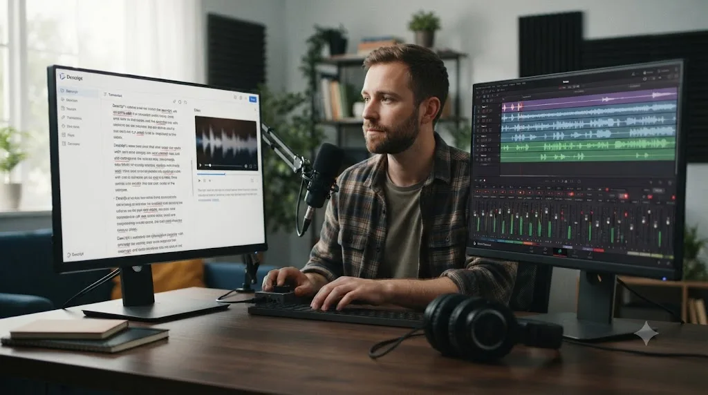 Illustration of a podcaster sitting between two monitors, one running Descript's transcript editor and one running DaVinci Resolve's Fairlight page