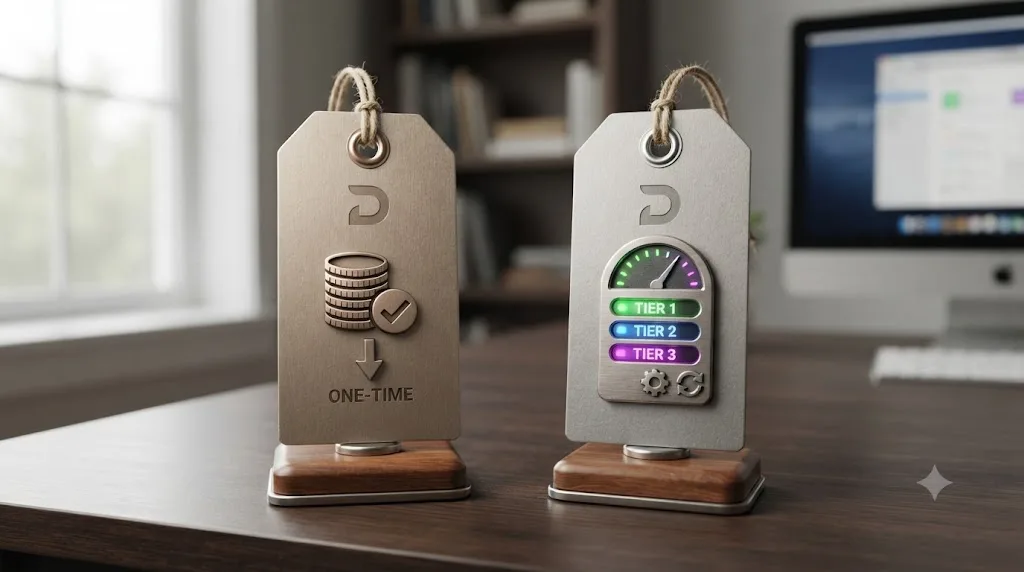 Illustration of two price tags comparing a one-time purchase model against a recurring monthly subscription model