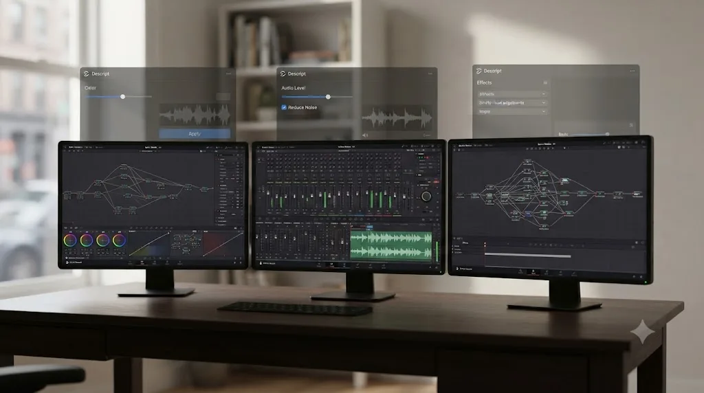 Illustration of three DaVinci Resolve panels, a color node graph, an audio mixing console, and a compositing workspace, shown against Descript's simpler equivalents