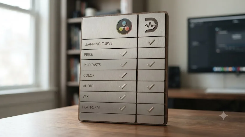 Illustration of a scoreboard comparing DaVinci Resolve and Descript across seven categories
