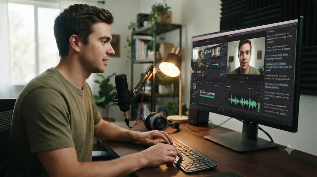 Illustration of a creator recording their screen, webcam, and voice at once, with an automatic transcript appearing beside the recording
